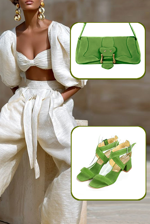 Women's grass green elegant fully open cross straps sandals. Square toe. Low flare heels - Worn view